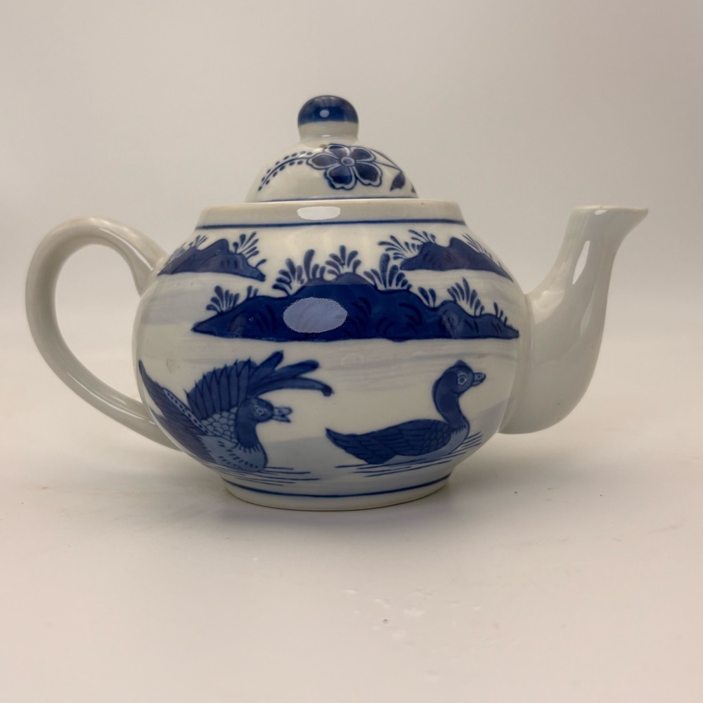 Vintage Blue and White Chinoiserie Ceramic Teapot with Ducks on Pond